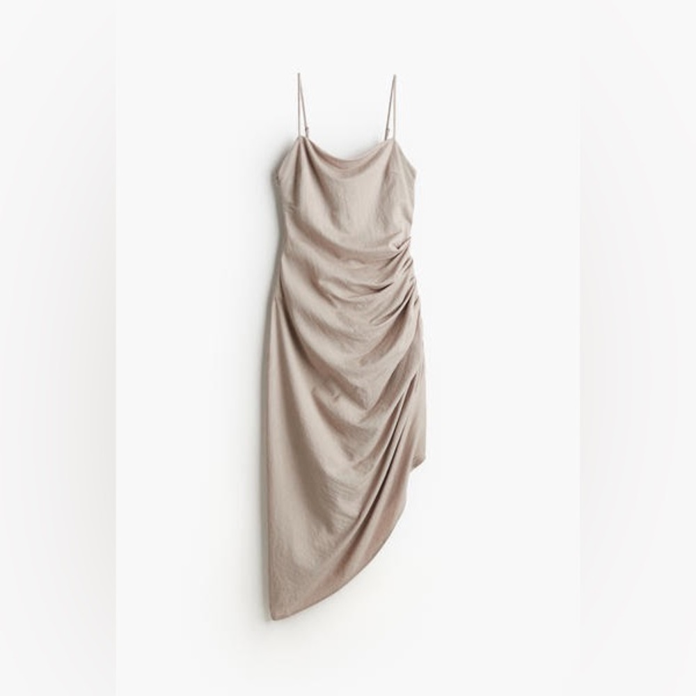 NWOT H&M Draped Asymmetrical Linen Midi Dress Tan